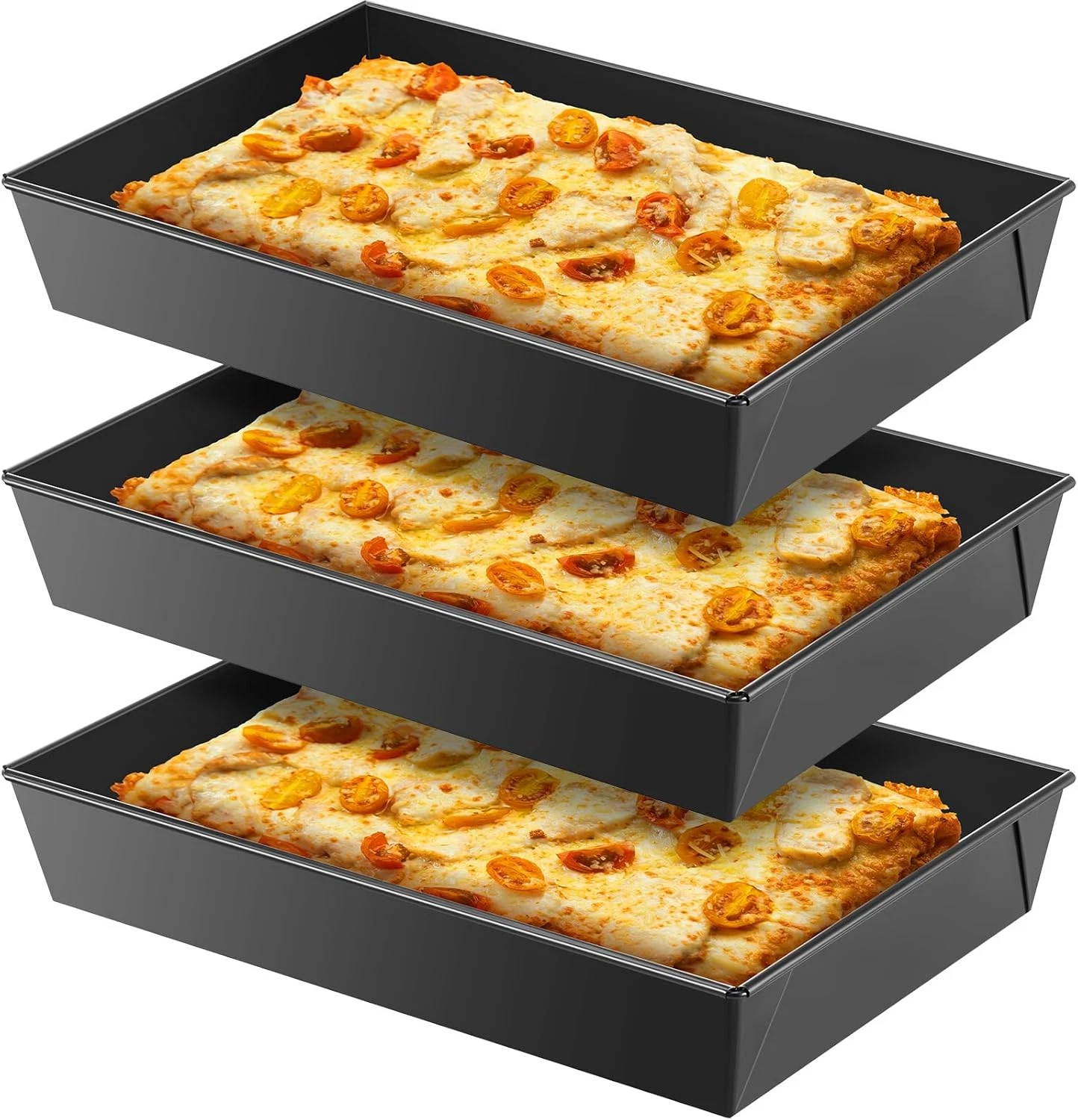 3 Pcs Detroit Style Pizza Pan 10 X 14 X 2.36 Inch Non Stick Rectangle Deep Pizza