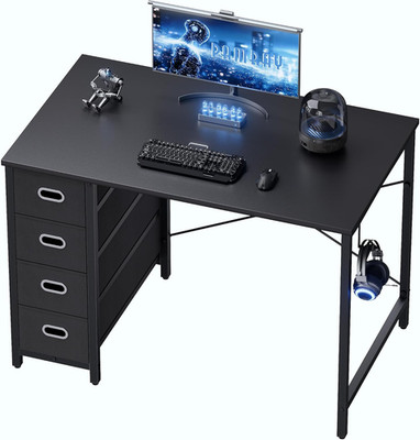 Computer Desk 40in Black Wood with 4 Drawers Table for Home Study Work Office