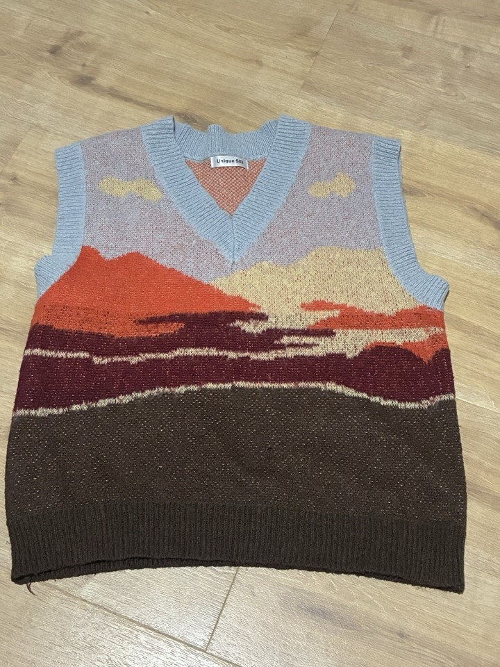 Landscape Knit Sweater Vest Sleeveless V-Neck Size Approx XL-XXL