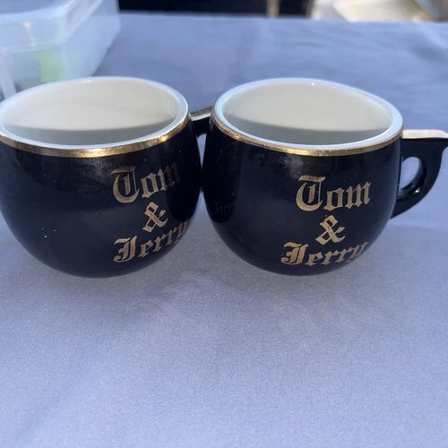 Vintage Hall China Black & Gold Tom & Jerry Mugs Cups U.S.A. Pottery Xmas Punch