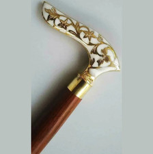 Antique Brass Flower Design Head Handle Vintage Style Wooden Walking Cane Stick