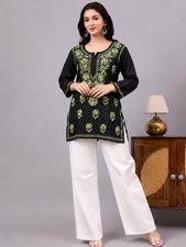 Green Women's Rayon Chikankari Short Kurta, Lucknowi Chikankari, Handwork