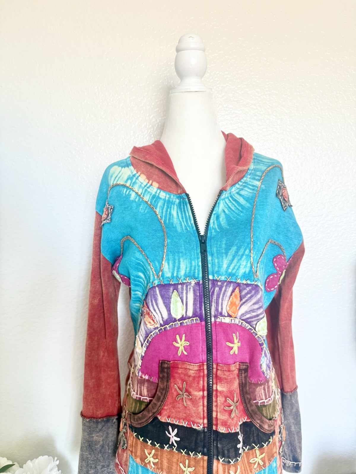 Boho Patchwork Embroidered Zip Hoodie Jacket Wome… - image 2