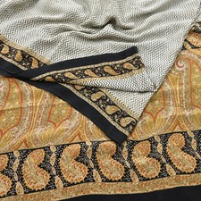 Indian Vintage Sari Ivory  black Pure Crepe Silk Printed Saree 5yd Sewing Soft