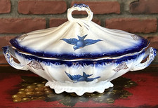 Antique Flow Blue Covered Serving Bowl Bluebird Design F.C. & Co French China Co