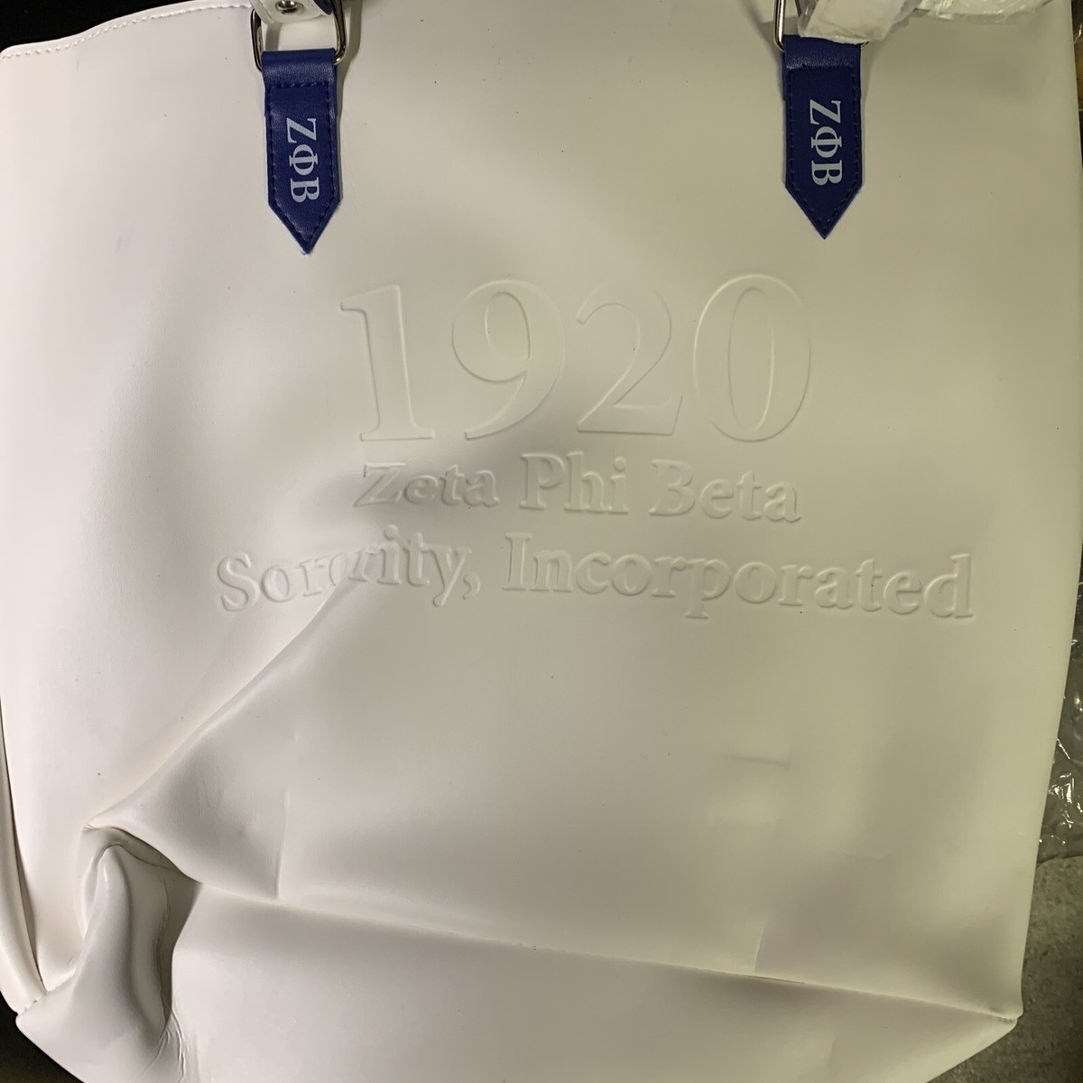 Zeta Phi Beta Embossed Tote Bag White/Blue~~Brand New!