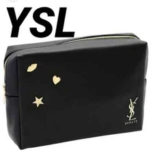 NEW YSL Beaute Yves Saint Laurent Black Makeup Bag Gold Lips Hearts Star Charms