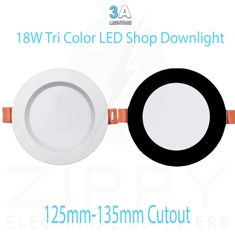 18W Tri Color Dimmable LED Shop Downlight 125 135mm Cutout 3A Lighting