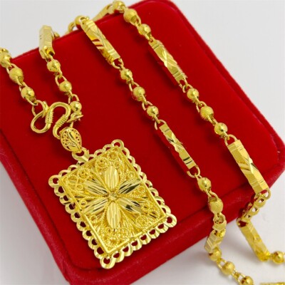 24k vergoldet Unisex Halskette groß quadratisch Blume Anhänger Dubai afrikanischer Schmuck