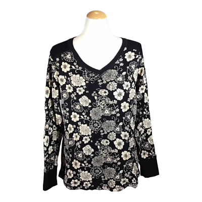 Denim & Co. Long Sleeve Floral Print Ribbed V-neck Top Size M