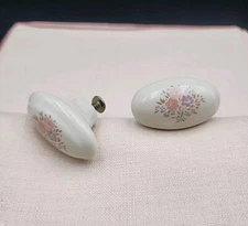 Set Of 2 Ceramic Oval Pulls Cream W/ Flower Garden Drawer Kitchen 1.75" Wide