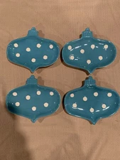 Set Of 4 6” Blue Polka Dot Ornament Shaped Ceramic Appetizers Plates Holidays