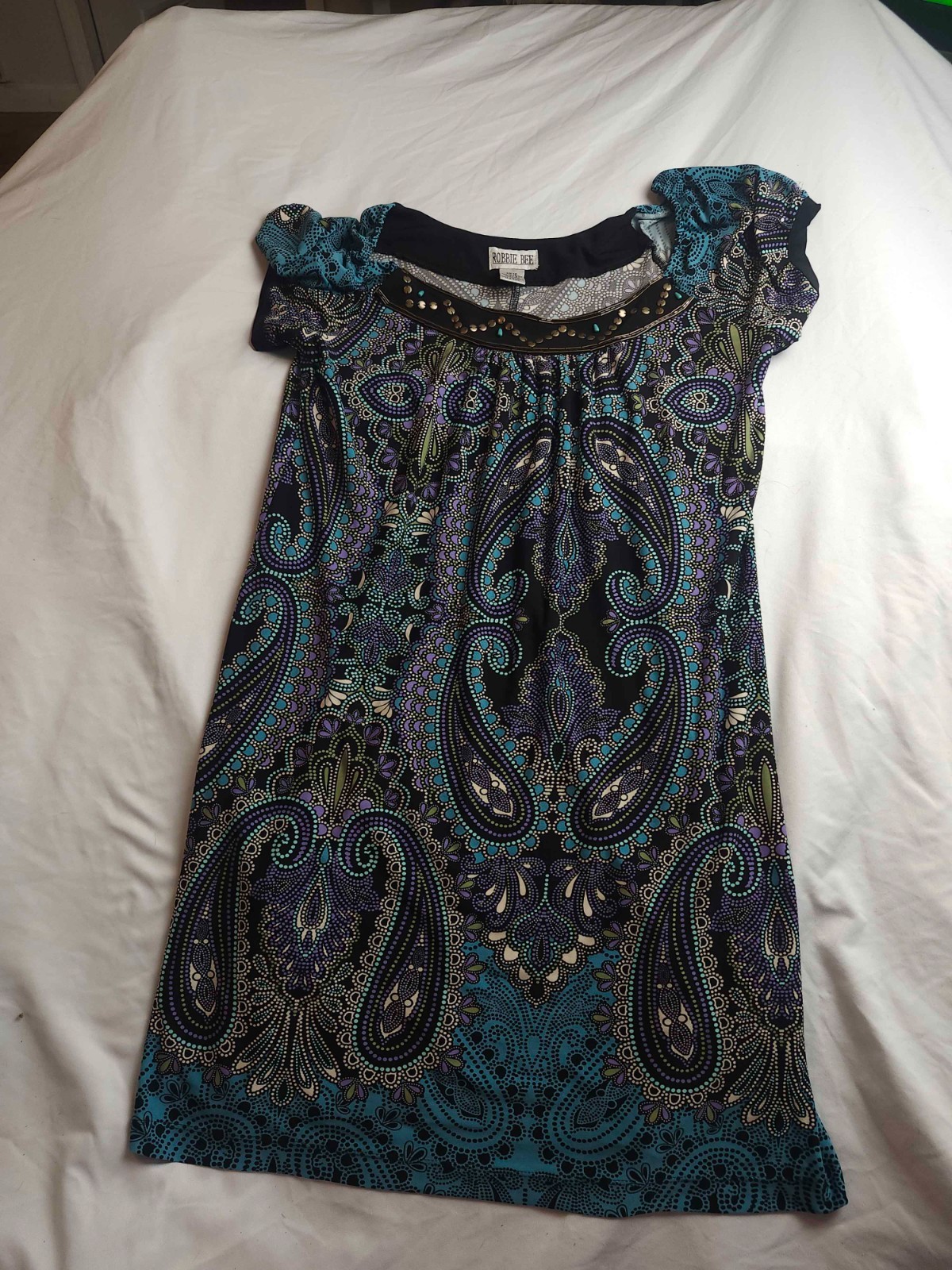 Robbie Bee Shift Dress Womens Size 16 Blue Paisley Boat Neck Short Sleeve Beaded