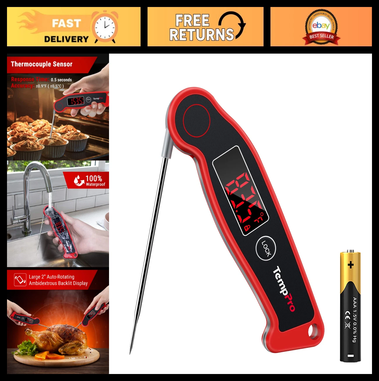 Waterproof Digital Meat Thermometer - Instant Read Cooking Thermometer for BBQ,