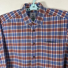 David Donahue Shirt Mens Large Blue Brown Button Up Long Sleeve Plaid Pocket