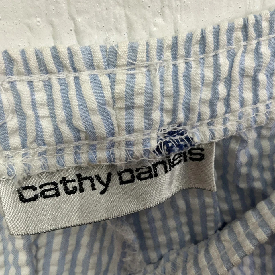 Pantalones Cathy Daniels Mujer Medianos Azul Blanco Seersucker Palmera Capri Verano Foto 3 de 4
