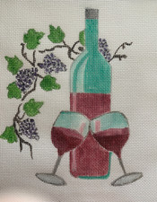 Handpainted Needlepoint Canvas, Wine and Grapes By Guiding Hand Needleworks