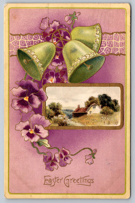 c1900s Easter Greetings Bells Flowers House Scene German Postcard
