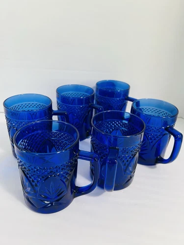 VTG Cristal D'Arques-Durand France Sapphire Blue Cobalt Coffee Mug Cups Set of 6