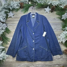 Jean Indigo Denim Blazer Jacket Linda Lundstrom Snap Button Size 8 Cotton NEW