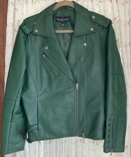 Colleen Lopez GREEN Faux Leather Studded Zipped Motorcycle  Jacket ~ SZ XL NWOT