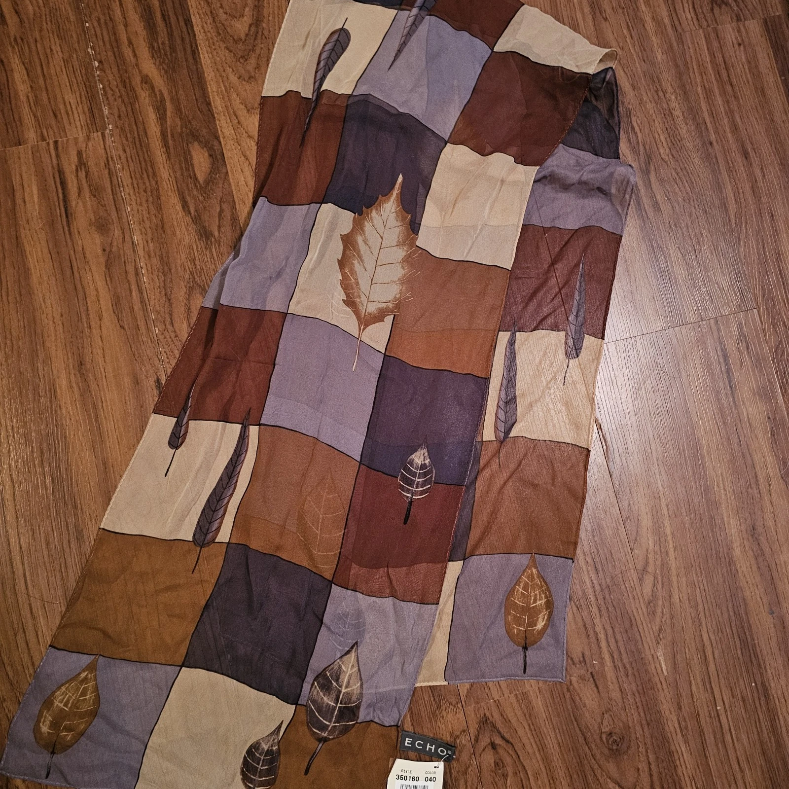 ECHO Scarf NWT Brown Leaves Feathers Sheer 100% Silk 61x12 Autumn Fall Tribal