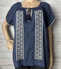NWT Lucky Brand Shirt Small Navy Blue White Tan Embroidered Boho Elevated Indie