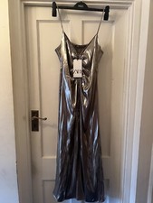 New Zara Silky Silver Metallic Shiny Camisole Slip Midi Dress, Medium