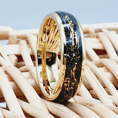 Meteorite Inlay Engagement Ring Yellow Gold Tungsten Wedding