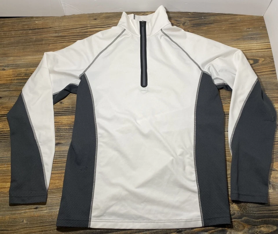 Suéter Obermeyer Para Hombre Mediano Blanco y Gris Pullover 1/4 Cremallera Esquí Snowboarding Foto 4 de 4