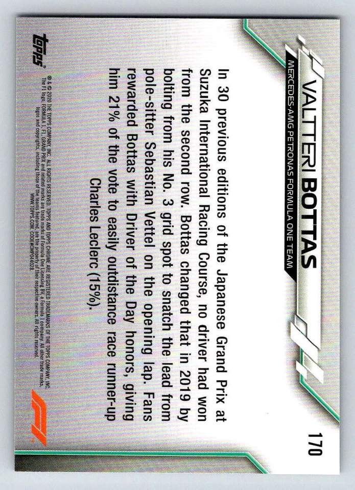 2020 Topps Chrome Formula 1 #170 Valtteri Bottas (ref 188894) - Image 2 of 2