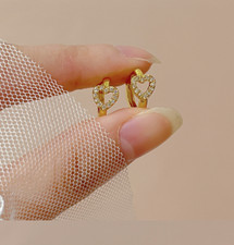 18K Gold Women Girl Small Heart CZ Hoop Huggie Earrings Gift F2