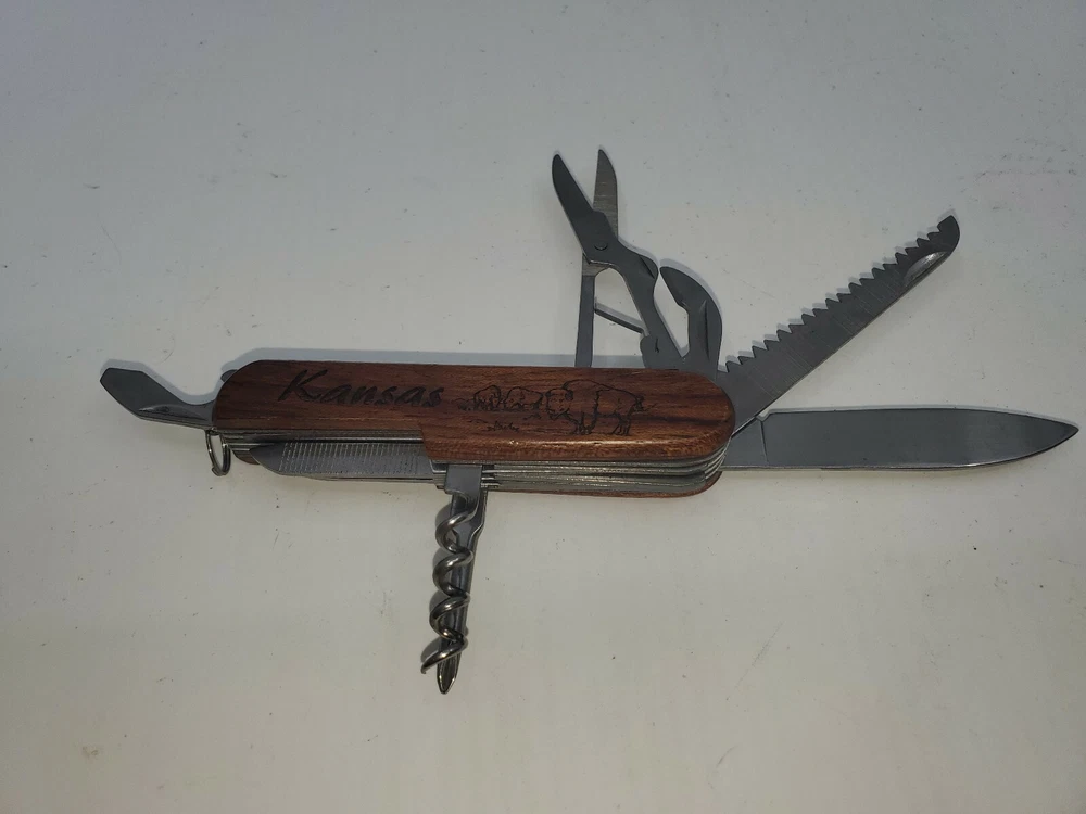 Multi-tool Pocket Knife Louis Kansas Buffalo Engraved  On Wood  Handle