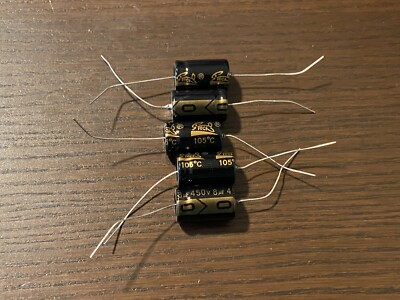 5 New Supertech 8 uf 450v Axial Capacitors Guitar Tube Amp & Radio Caps (Qty)