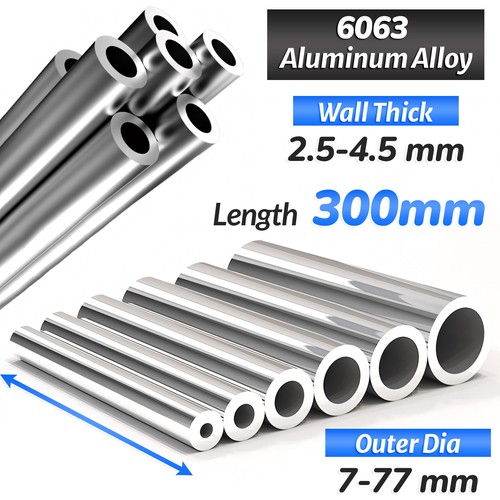 Aluminium Round Tube Pipe 2.5mm - 4.5mm Wall Thickness, 300mm Length 6063T6