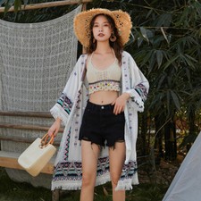 Women Floral Cardigan Coat Long Kimono Kaftan Tops Boho Ethnic Beach Holiday