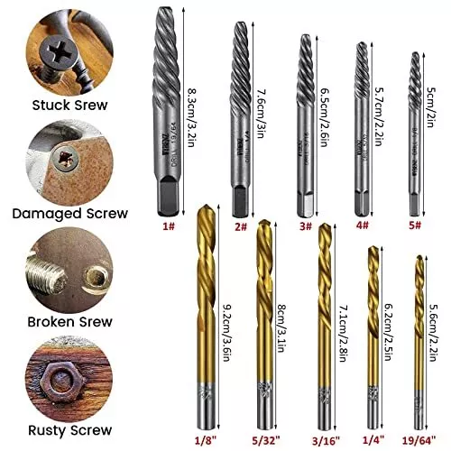 10Pcs Screw Extractor and Left Hand Drill Bits Set Bolt Remover Reverse Cobal