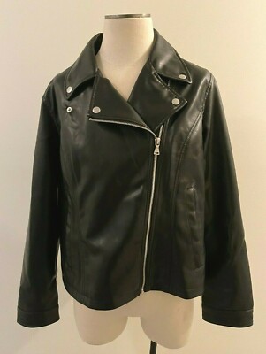 NEW EXPRESS Black Vegan Faux Leather Moto Jacket Women XL Zip Cropped Biker 118 eBay