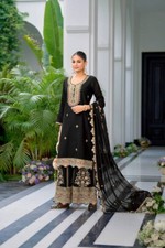 Unique Chinnon Silk Black Top And Sharara With Dupatta For Women  Girls Wear