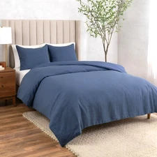 WELSPUN WelHome Cotton Linen Relaxed Duvet Cover, 3-piece Set - Navy  Full/Queen