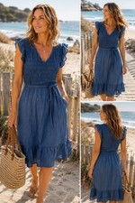 Blue Smocked Midi Dress XL Flutter Sleeve Tie Waist Cottagecore Boho NWT