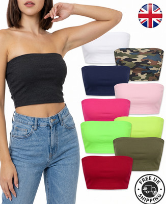 Trägerloses Bandeau Damen Crop Top Stretch Boob Röhre Sommer Weste Schwarz ML