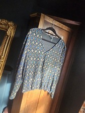 Next Size 12 Sparkly Long Sleeve Top Blue Black Gold Peacock Pattern - Tiny Snag