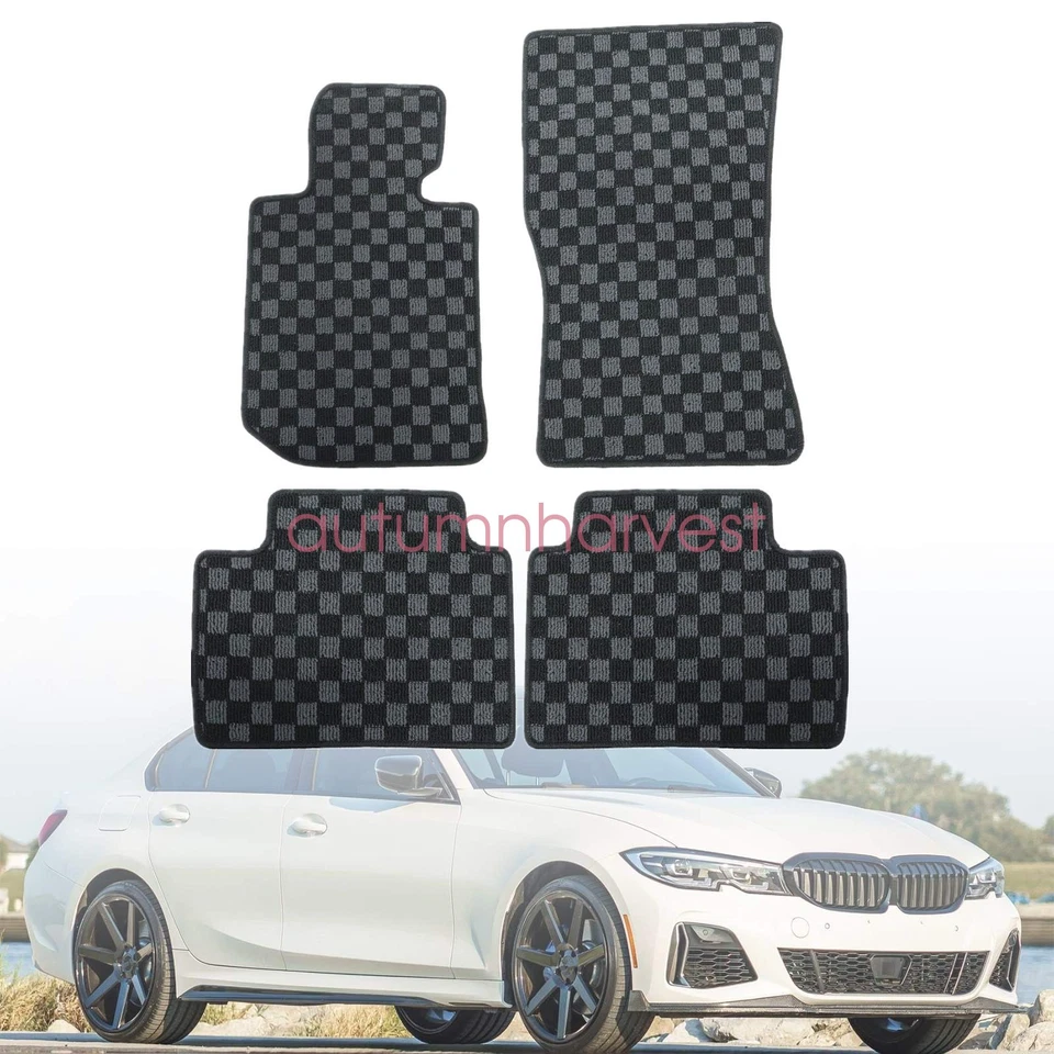 For 2019-2024 BMW 3-Series G20 & M3 G80 2-Row Checkered Flag Carpet Floor Mats - Image 2 of 4