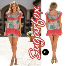 SUGARFOX Coral Ethnic Print Lace Ruffle Hem Top 1XL Women’s PLUS