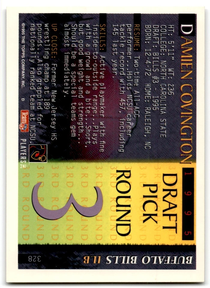 1995 Bowman Damien Covington Rookie Buffalo Bills #328 - Image 2 of 2