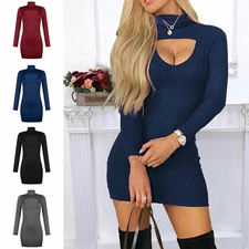 New Women High Neck Long Sleeve Bodycon Pencil Knit Sexy Party Casual Mini Dress
