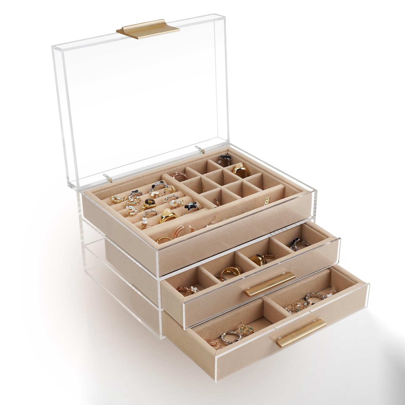 Acrylic Jewelry Box, Three-Layer Jewelry Organizer with 360° Transparent Li