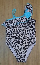 Flapdoodles Girls Leopard Print Swimsuit Black White TealSize 4 Boutique EUC