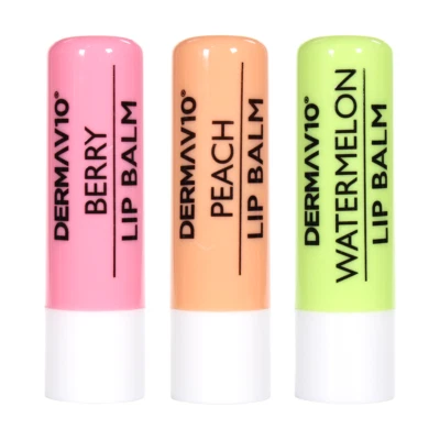DERMAV10 3-Pack Lip Balm - Berry, Watermelon, Peach | Vegan Shea Butter Formula